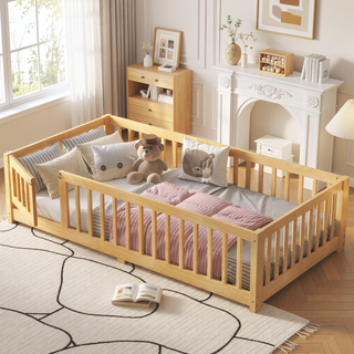Sunvega Twin Size Floor Bed with Safety Guardrails and Door for Kids in Natural