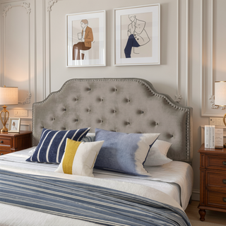 Sunvega Queen Size Upholstered Headboard with Tufted Design and Nailhead Trim