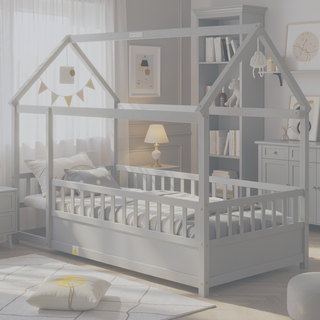 Sunvega Twin Size Floor Wooden Bed with House Roof Frame and Fence Guardrails
