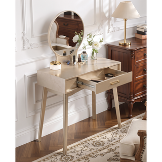 Sunvega Gold Modern Wood Vanity Set with Round Mirror and Matching Stool