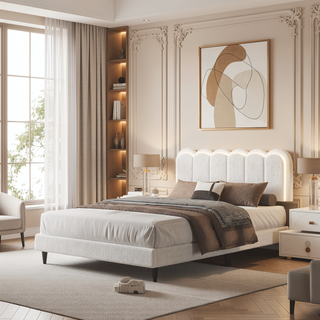 Sunvega Cream Petal Headboard Bed Frame with Atmosphere Light for Bedroom