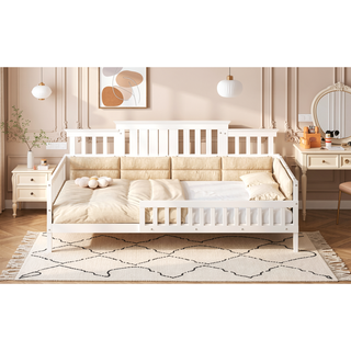 Sunvega Beige Full Size Upholstered Wood Platform Bed with Guardrail and Pillow