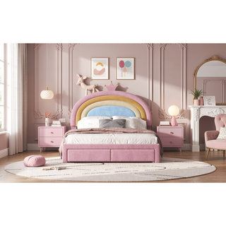 Sunvega Full Size Velvet Upholstered Rainbow Princess Platform Bed with Storage Drawer