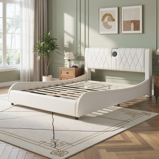 Sunvega Queen Size Faux Leather Platform Bed with RGB LED Lights Bluetooth Speakers