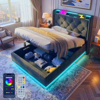 Sunvega Full Size Upholstered Bed with 360 LED Lighting Hydraulic Storage and USB Charging