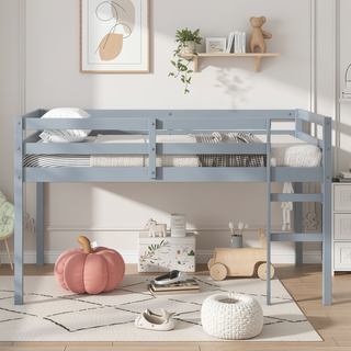 Sunvega Espresso Rubber Wood Low Height Loft Bed with Ladder for Bedroom