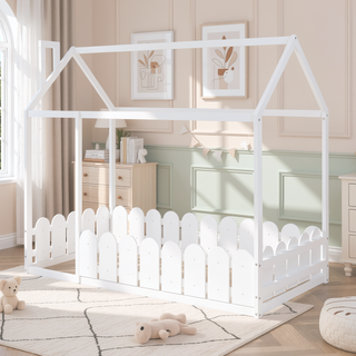 Sunvega Twin Size House Bed Frame with Fence and Roof for Kids and Teens