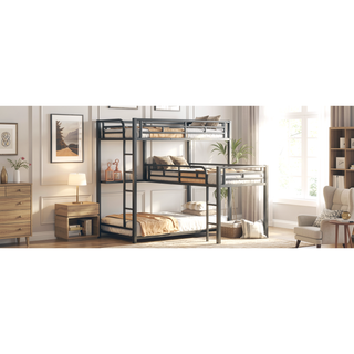 Sunvega Sturdy Metal Triple Twin Size L-Shaped Bunk Bed with Ladder