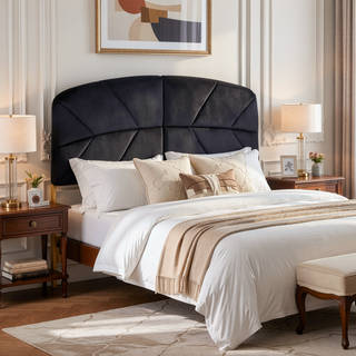 Sunvega Glam Queen Headboard with Gold Steel Frame and Black Velvet Upholstery