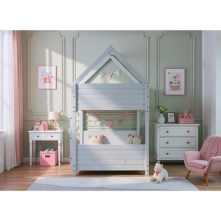 Sunvega Twin Over Twin House Floor Bunk Bed with Headboards Footboards Guardrails and Ladder