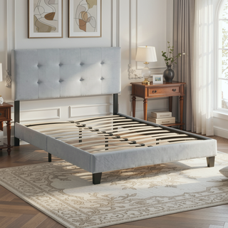 Sunvega King Size Upholstered Platform Bed with Button Tufted Linen Headboard