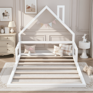 Sunvega Natural Wood Floor Bed with House-Shaped Headboard for Kids Room