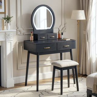 Sunvega Pink Finish Vanity Dresser with Mirror and Stool Set LED Light