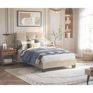 Sunvega Light Brown Velvet Upholstered Queen Platform Bed with Adjustable Height Headboard