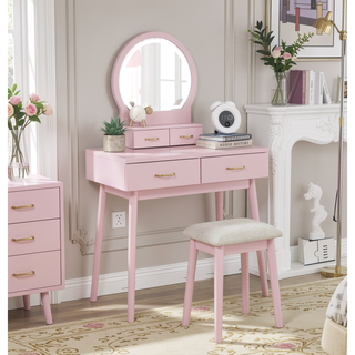 Sunvega Pink Finish Vanity Dresser with Mirror and Stool Set LED Light