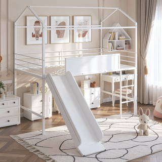 Sunvega Twin Size Metal Loft Bed with Slide and Two-Sided Writable Wooden Board