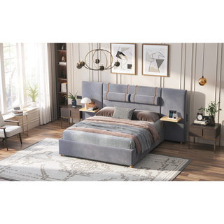 Sunvega Queen Upholstered Velvet Platform Bed with USB Ports and Storage Shelves