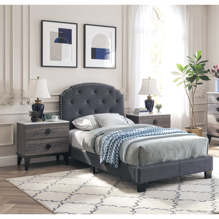 Sunvega Queen Size Charcoal Burlap Button Tufted Headboard Bed with Nailhead Trim