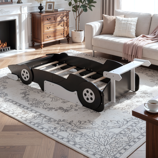 Sunvega Twin Size Race Car Platform Bed with Wheels and Safety Rails