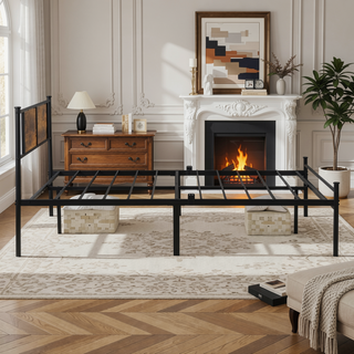 Sunvega King Size Metal Bedframe with Wood Panel Headboard and Under Storage