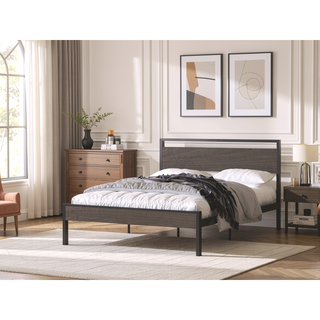Sunvega Black Metal Bed with Walnut Wood Headboard and Footboard for Queen Size