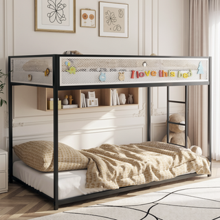Sunvega Twin Over Twin Bunk Bed with White Mesh Guard Rail and Stable Ladder for Kids