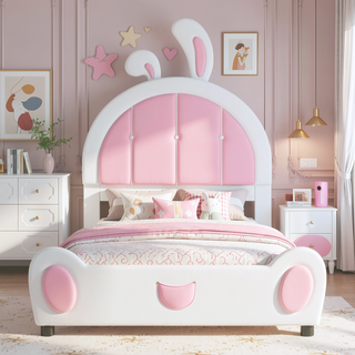 Sunvega Cute Rabbit Shaped Upholstered Twin Size Platform Bed with Sturdy Wood Construction