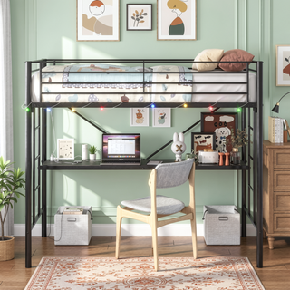 Sunvega Sturdy Metal Twin Loft Bed with Guardrails and Storage Steps