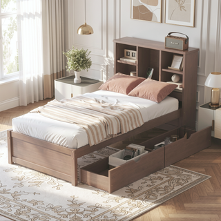 Sunvega Modern Twin Size Bed Frame With USB Port Bookcase Headboard and 2 Drawers