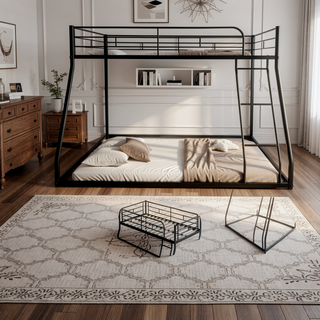 Sunvega Durable Metal Twin over Full Bunk Bed with Guardrails and Wooden Slats