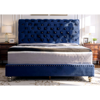 Sunvega Transitional Navy Blue Upholstered Full Bed with Tufted Details