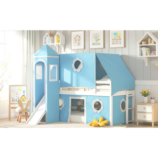 Sunvega Twin Size Loft Bed with Slide Blue Tent and Playhouse Tower for Kids