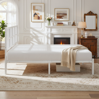Sunvega White Faux Cane Panel Headboard King Platform Bed with Metal Frame