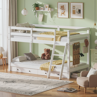 Sunvega Solid Wood Low Loft Bed with LED Lighting Converts to Twin Bunk Bed