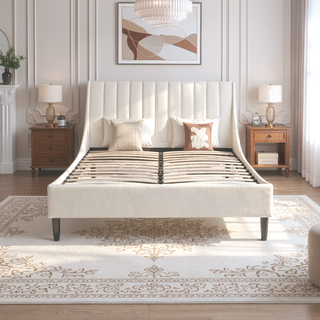 Sunvega Handmade Vertical Tufted Headboard Platform Bed Set in Light Beige Linen
