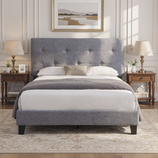 Sunvega King Size Upholstered Platform Bed with Button Tufted Linen Headboard