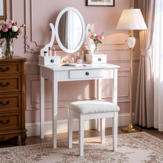 Sunvega Pink Wood Makeup Vanity Table and Stool Set with Mirror and Storage Drawers