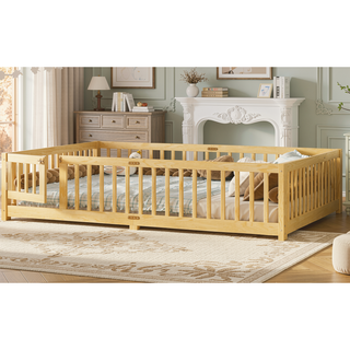Sunvega Twin Size Floor Bed with Safety Guardrails and Door for Kids in Natural