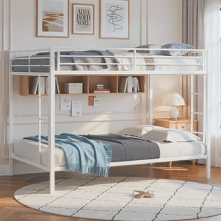 Sunvega Multi-Functional Square Tube Iron Bunk Bed with Full-Size Upper and Lower Beds