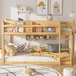 Sunvega Low Twin Over Twin Solid Wood Bunk Bed with Ladder for Kids & Juniors