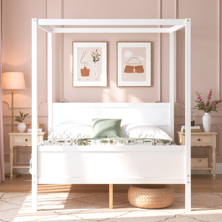 Sunvega Modern White Queen Size Canopy Platform Bed with Headboard and Footboard