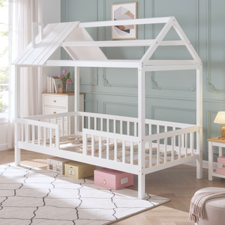 Sunvega White Twin Size Wood House Playhouse Bed with Fence for Kids Room
