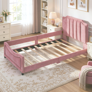 Sunvega Twin Size Upholstered Daybed with Stripe Headboard for Kids Bedroom