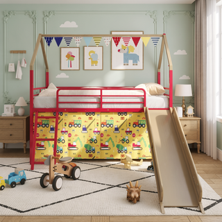 Sunvega Marvel Superhero Metal Twin Loft Bed with Slide and Curtain Set