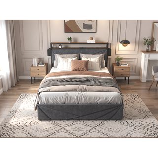 Sunvega Queen Upholstered Bed Frame with Headboard LED Lights Charging Station and 4 Storage Drawers