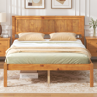 Sunvega Sturdy Wood Platform Bed Frame with Headboard for Queen Size Oak Finish
