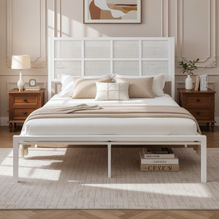 Sunvega White Faux Cane Panel Headboard King Platform Bed with Metal Frame