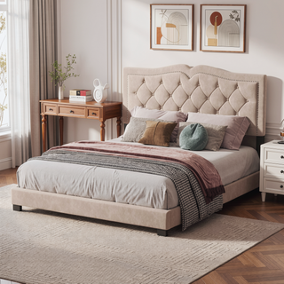 Sunvega Queen Size Upholstered Bed Frame with Tufted Velvet Headboard and Rivet Design