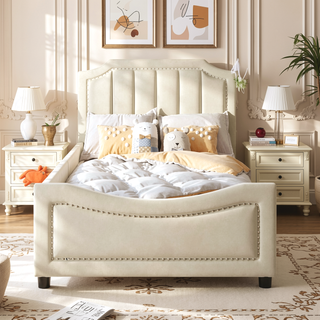 Sunvega Twin Size Upholstered Daybed with Stripe Headboard for Kids Bedroom