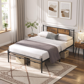 Sunvega King Size Metal Bedframe with Wood Panel Headboard and Under Storage